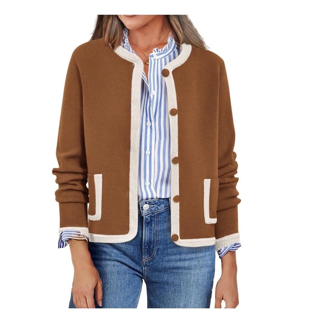 PrettyGarden Orange Brown Cardigan with White Trim
